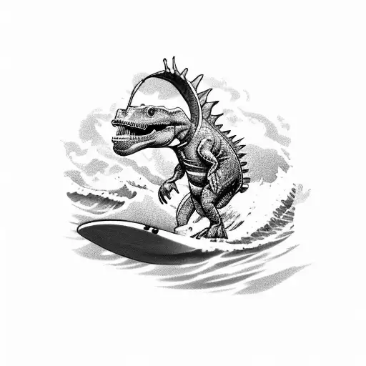 Dinosaur Surfing A Wave Drinking A Beer