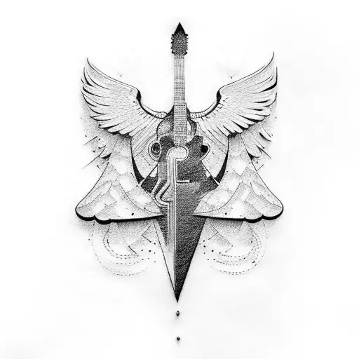 A Combination Of A Guitar And An Airplane Wing In A Dotwork Style
