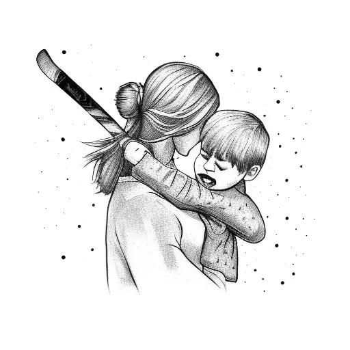 A Mother Holding A Hockey Stick With Her Child In Her Arms