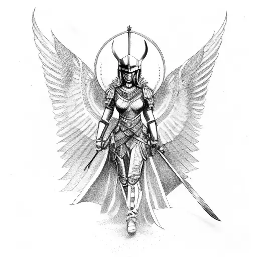 Valkyrie With Winged Helmet And Sword Riding A Winged Horse