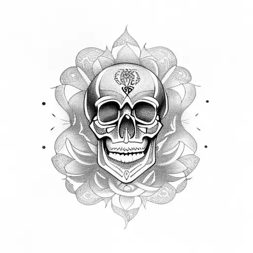 Skull Mandala With Fire Behind And Flowers