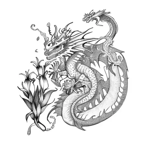 Dragon With Lillies And Pumpkins
