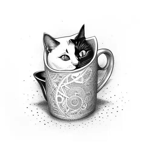 An Artistic Rendition Of A Cat Curled Up Inside A Coffee Mug
