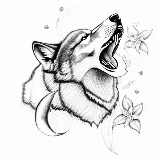 Side Profile Wolf With Lilies Flower And Moon