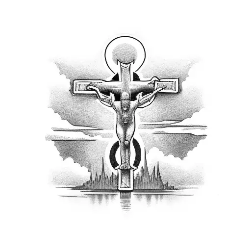 God And Adam With Cross Under With Background