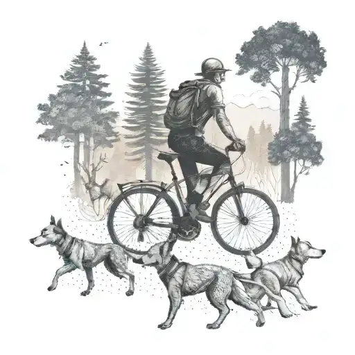 A Dotwork Tattoo Of A Lone Cyclist Riding Through A Forest With A Pack Of Dogs Running Alongside