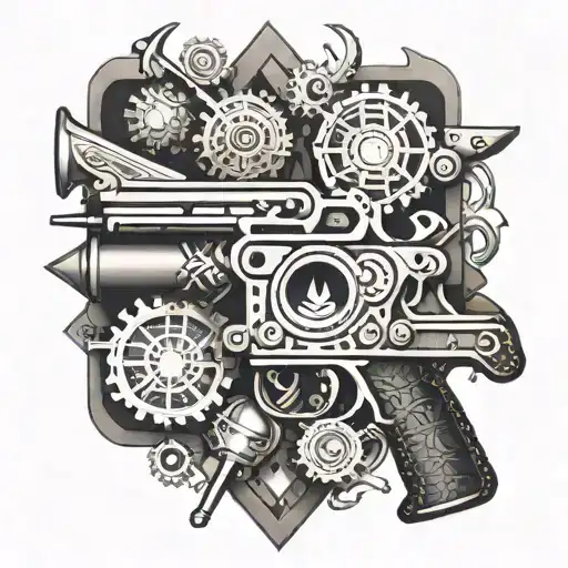 Create A Tattoo Featuring Intricate Gun Mechanisms Intertwined With Freemasonry Symbols