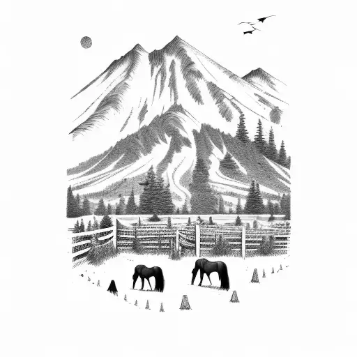 Horses With Ranch Fence And Mountains In Background