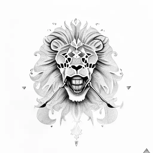 Lion Skull With A Skull Of A Man In His Mouth