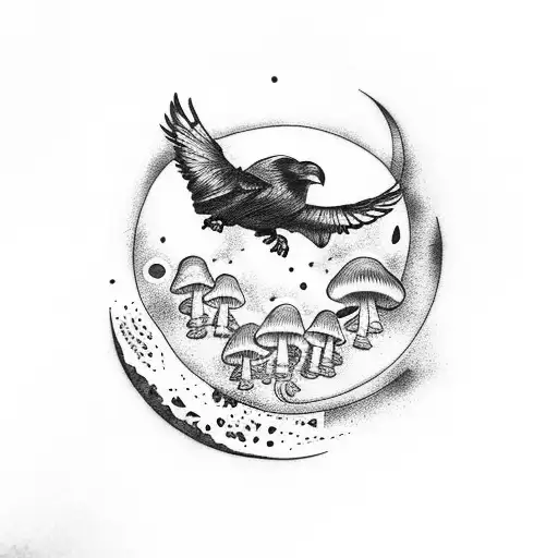 Crow With Mushrooms And Moon