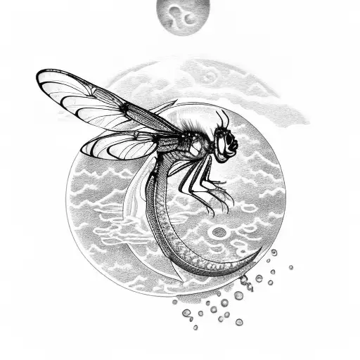 Dragon Fly With Moon And Lotus Flower