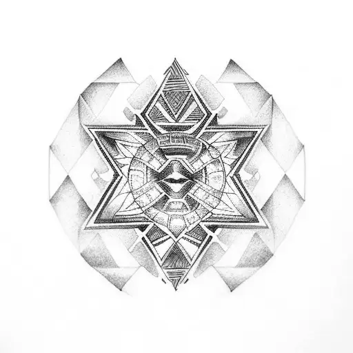 A Dotwork Tattoo Of An Aztec-inspired Geometric Pattern With A Ring Of Fire Eclipse In The Center