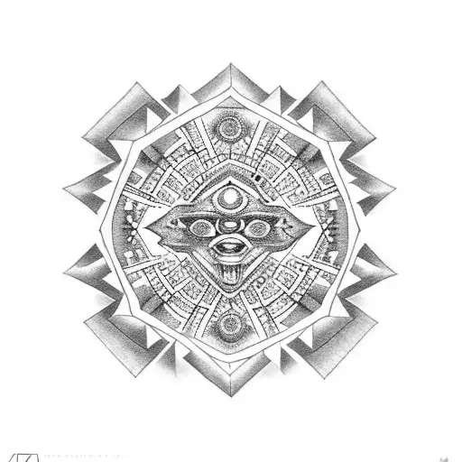 A Dotwork Tattoo Of An Aztec-inspired Geometric Pattern With A Ring Of Fire Eclipse In The Center