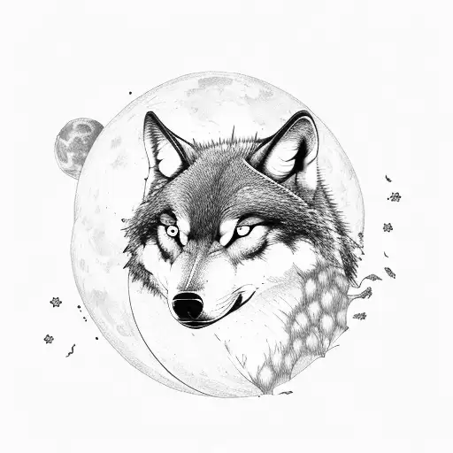 Agressive Wolf With Fire Eyes Under The Moon In Night With Sagittarius Theme