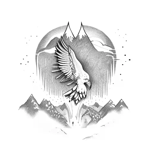 River And Mountains With Flying Eagle