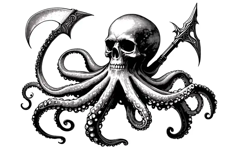 Octopus With A Skull For A Head Holding A Scythe And A Spear
