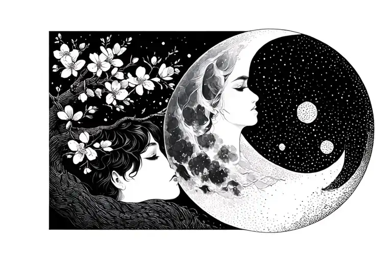 Japanese Fee And Moon And Cherry Blossom