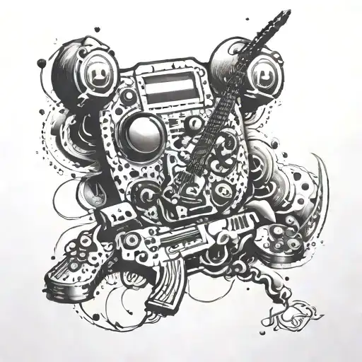 A Rock Music Inspired Tattoo With Video Game Elements Incorporated Into The Design