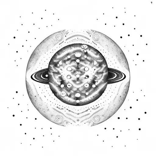 A Dotwork Design Featuring A Galaxy With Planets And Asteroids