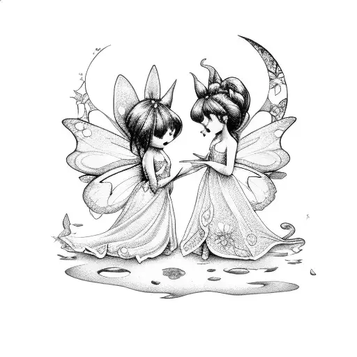 Two Tiny Fairies With Little Moon