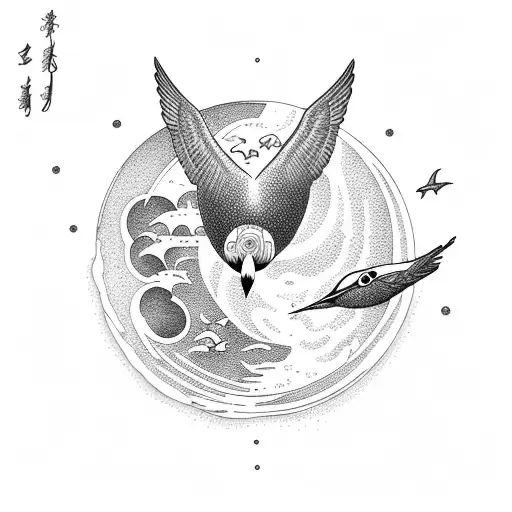 Moon And Hummingbird With Ocean Waves