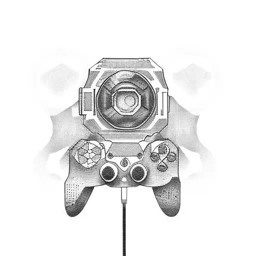 Create A Dotwork Tattoo Featuring A Camera Lens Morphing Into A Gaming Controller
