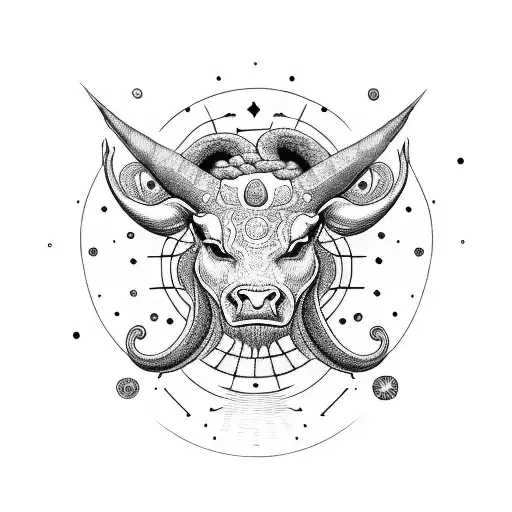 Minotaur Head With Serpents And Constellations Around It In A Circle