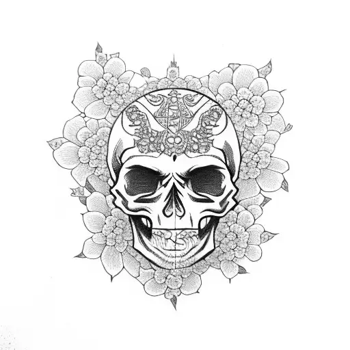 Skull With Sakura Flowers And Swords