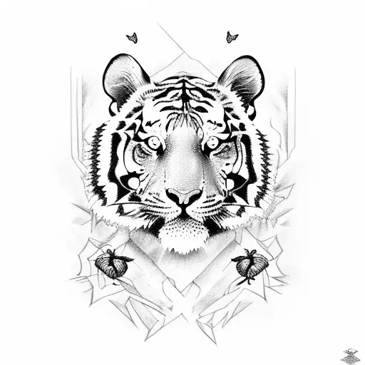 Tiger And Butterfly For The Chest In Old School Style