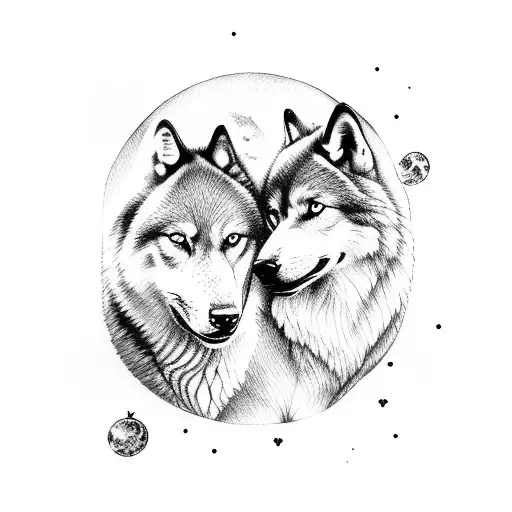 Silhouettes Of Two Wolf Cubs Who Sit On The Back Of A Walking Bear And Howl At The Moon