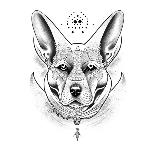 A Dotwork Tattoo Of A Dog Surrounded By Gothic Elements Like Bats And Tombstones