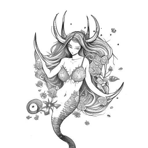 Mermaid With Horns Playing Harpe With Flowers Around
