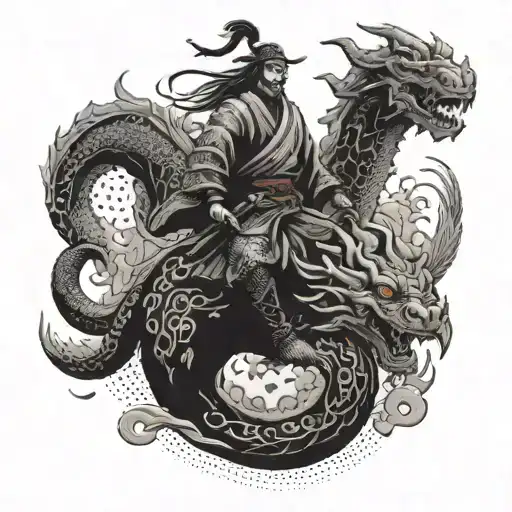 A Samurai Warrior Riding A Dragon Through A Psychedelic Landscape Filled With Thunderstorms