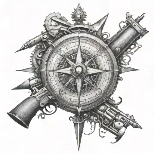 A Dotwork Tattoo Of A Detailed Compass Surrounded By Various Types Of Guns And Hunting Equipment