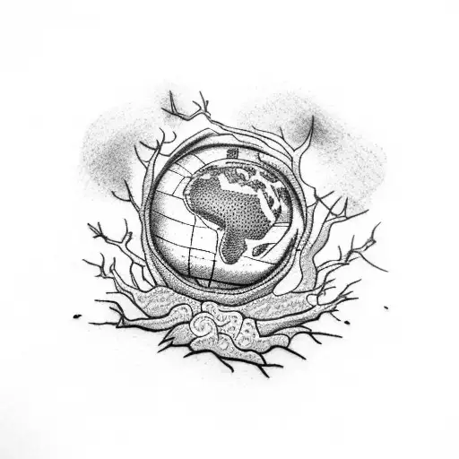 A Dotwork Tattoo Of A Globe With Roots Spreading Out Into The Earth