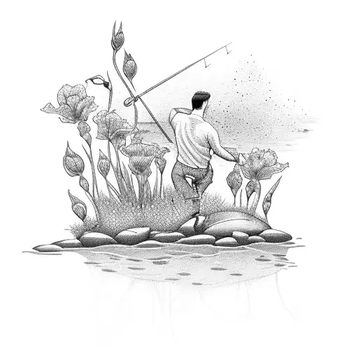 Man Fishing With His Back Turned With Iris Flowers Surrounding Him