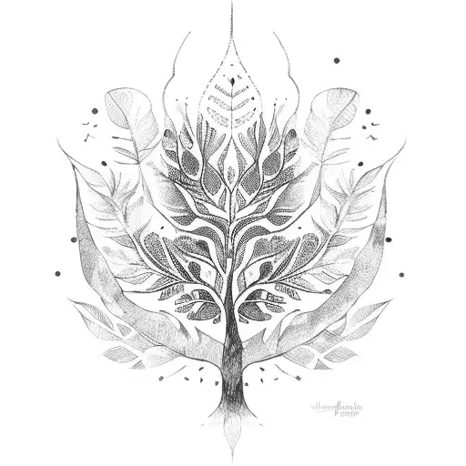 Mehandi Design With Tree Branch And Leaves