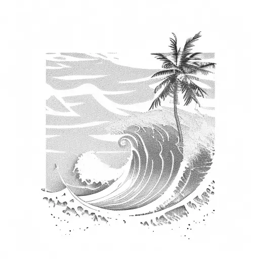 A Majestic Wave Crashing Against A Palm Tree-lined Beach