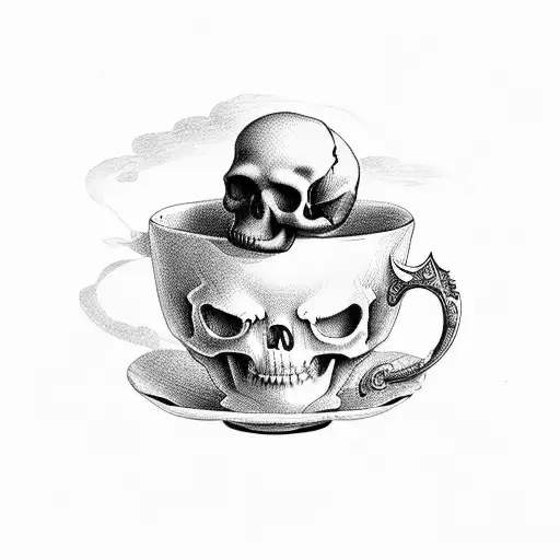 Teacup With Skull On It And Hummingbird Sitting On The Rim