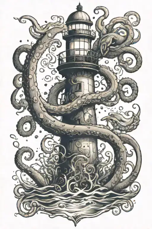 Bottle In The Sea With Inside A Agitated Ocean And Lighthouse And Octopus