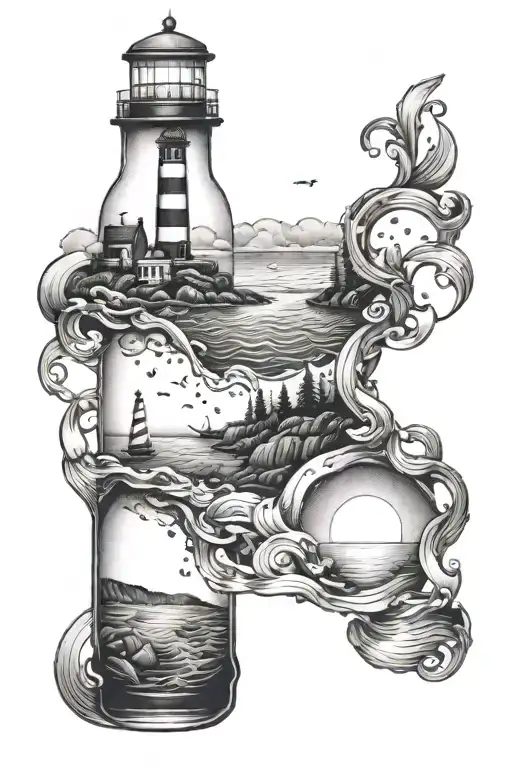 Bottle In The Sea With Lighthouse Landscape Inside