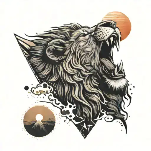 An Intricate Tattoo Featuring A Lion Roaring On A Mountain Peak With A Sunset In The Background