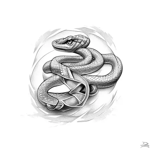 Two Dice Both Displaying 4 In The Background Of A Snake On The Forearm