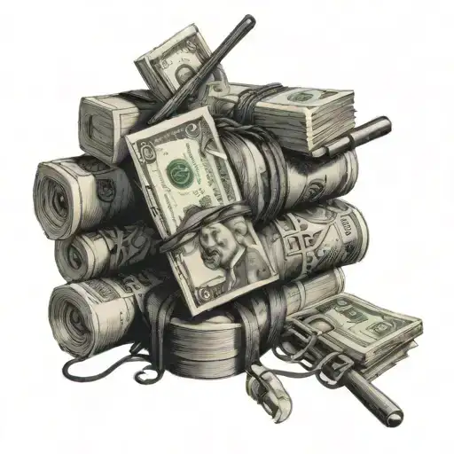 A Stack Of Money Intertwined With Martial Arts Weapons