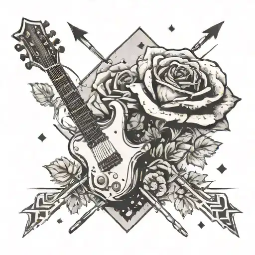 A Rock Guitarist With A Rose In Hand And Arrows In The Background