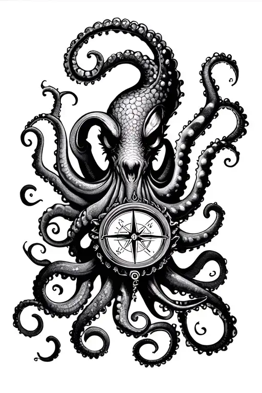 Angry Kracken Octopus In Ocean With Nautical Compass In Middle With Tentacles Out Wide With Waves