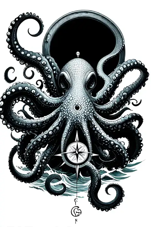 Angry Kracken Octopus In Ocean With Nautical Compass In Middle With Tentacles Out Wide With Waves