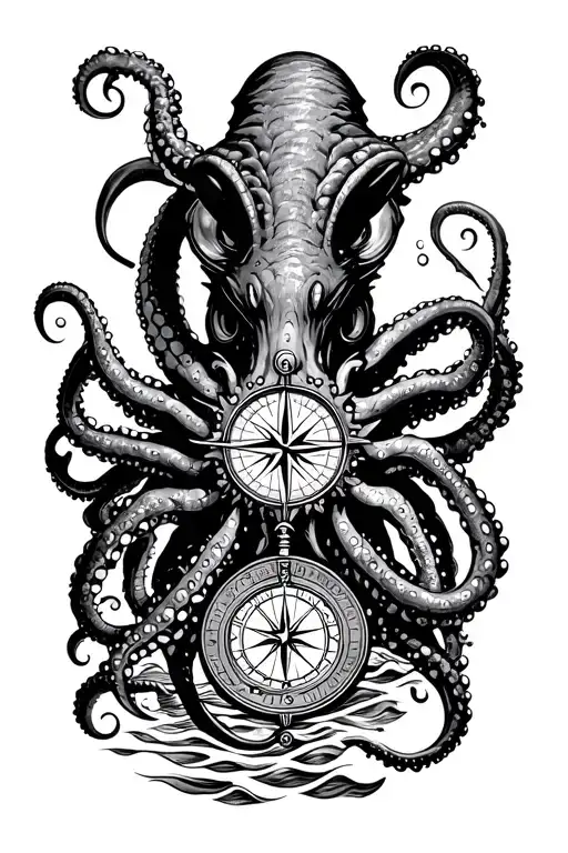 Angry Kracken Octopus In Ocean With Nautical Compass In Middle With Tentacles Out Wide With Waves