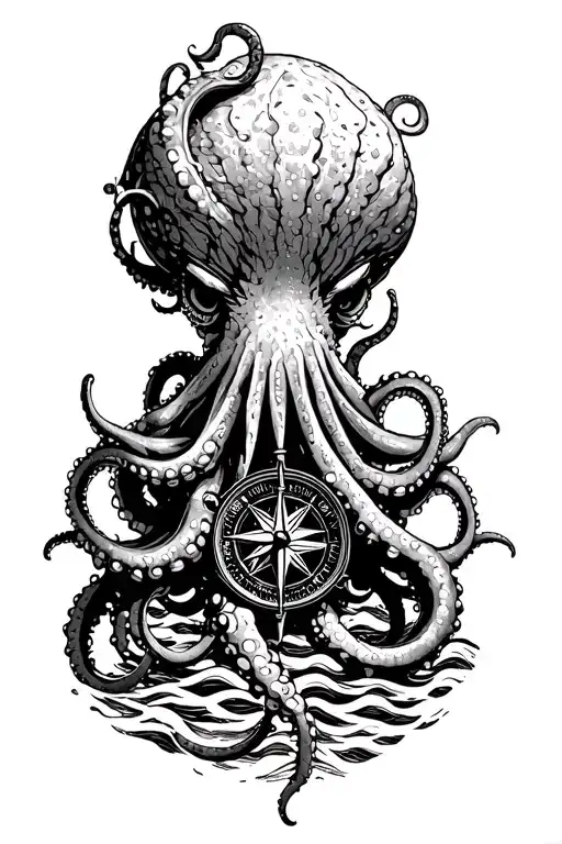 Angry Kracken Octopus In Ocean With Nautical Compass In Middle With Tentacles Out Wide With Waves