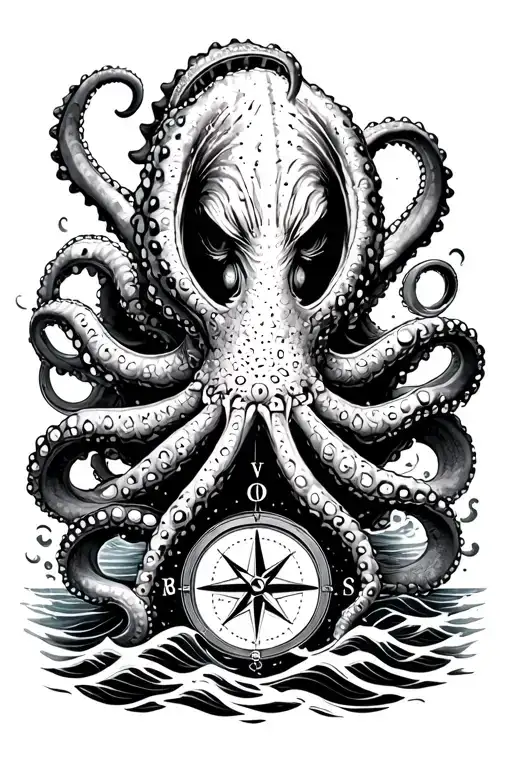 Angry Kracken Octopus In Ocean With Nautical Compass In Middle With Tentacles Out Wide With Waves